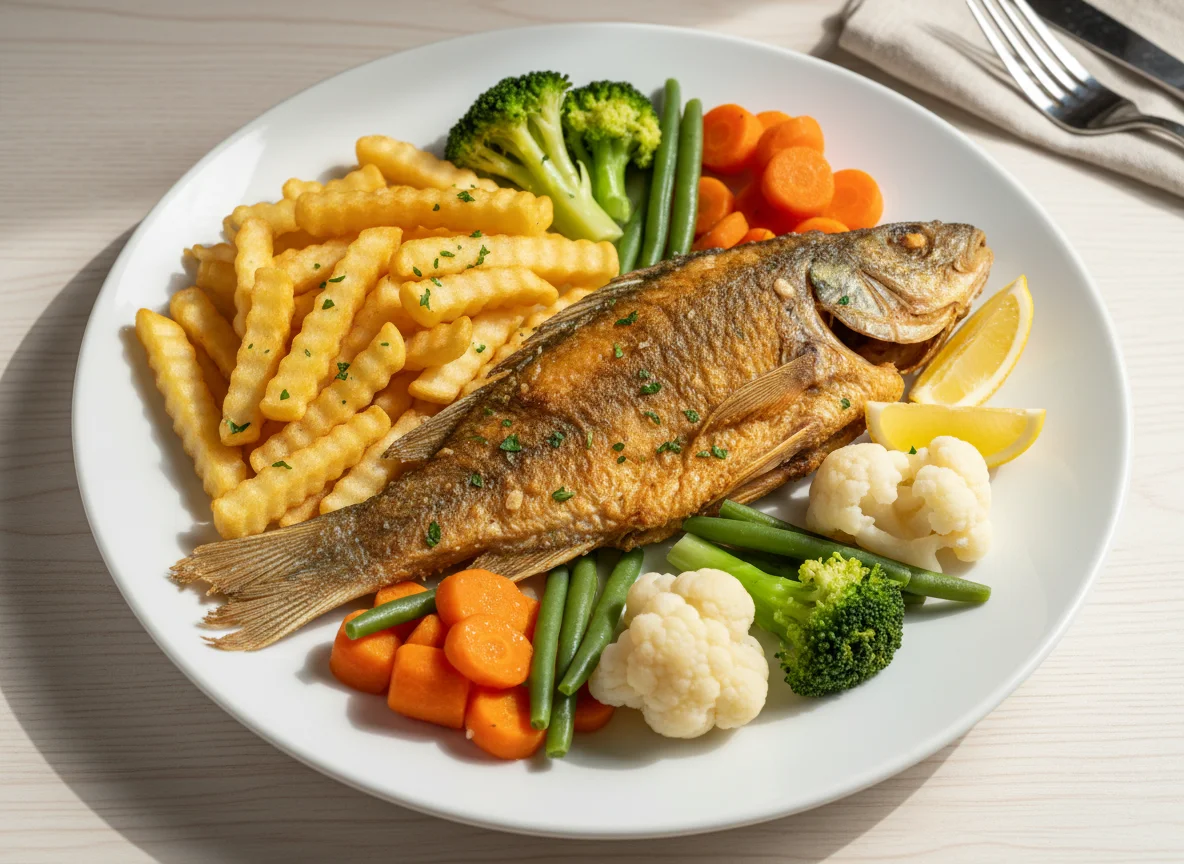Жареная рыба с картофелем фри и овощами photo