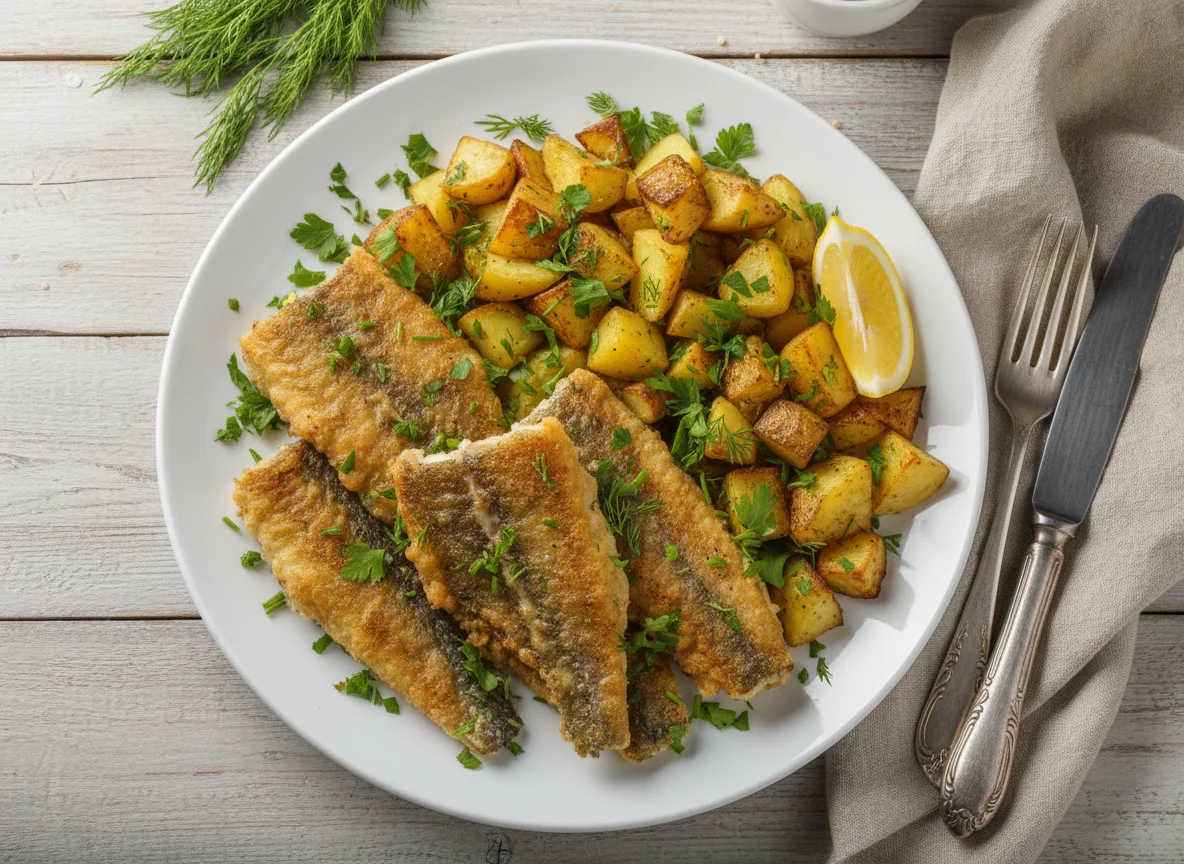 Жареная рыба с картофелем и зеленью photo