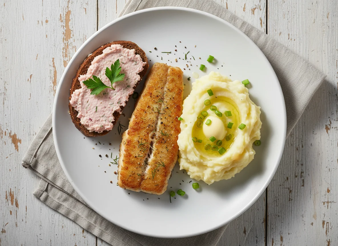Жареная рыба с картофельным пюре и бутербродом photo