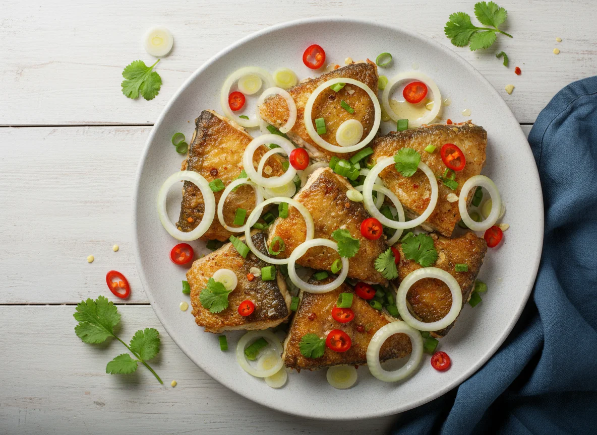 Жареная рыба с луком и зеленью photo