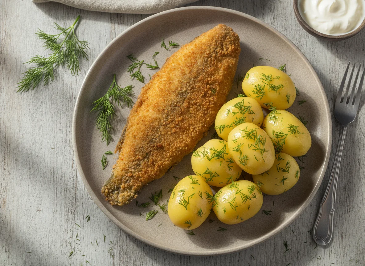 Жареная рыба с отварным картофелем и укропом photo