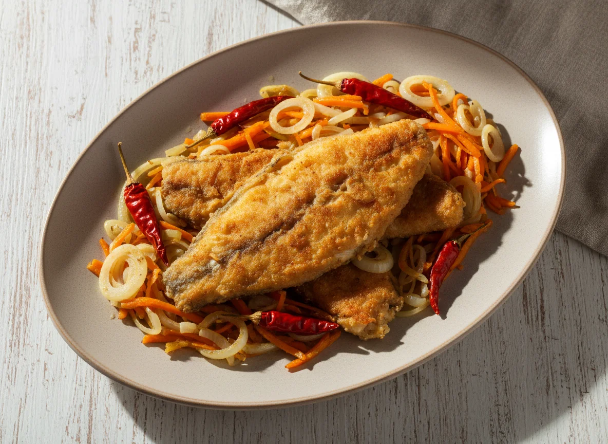 Жареная рыба с овощами photo