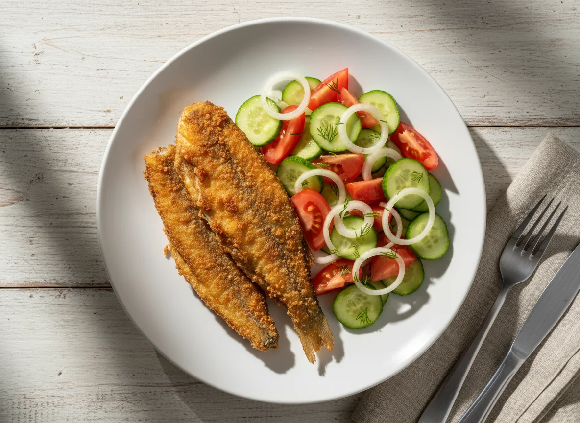 Жареная рыба с овощным салатом photo