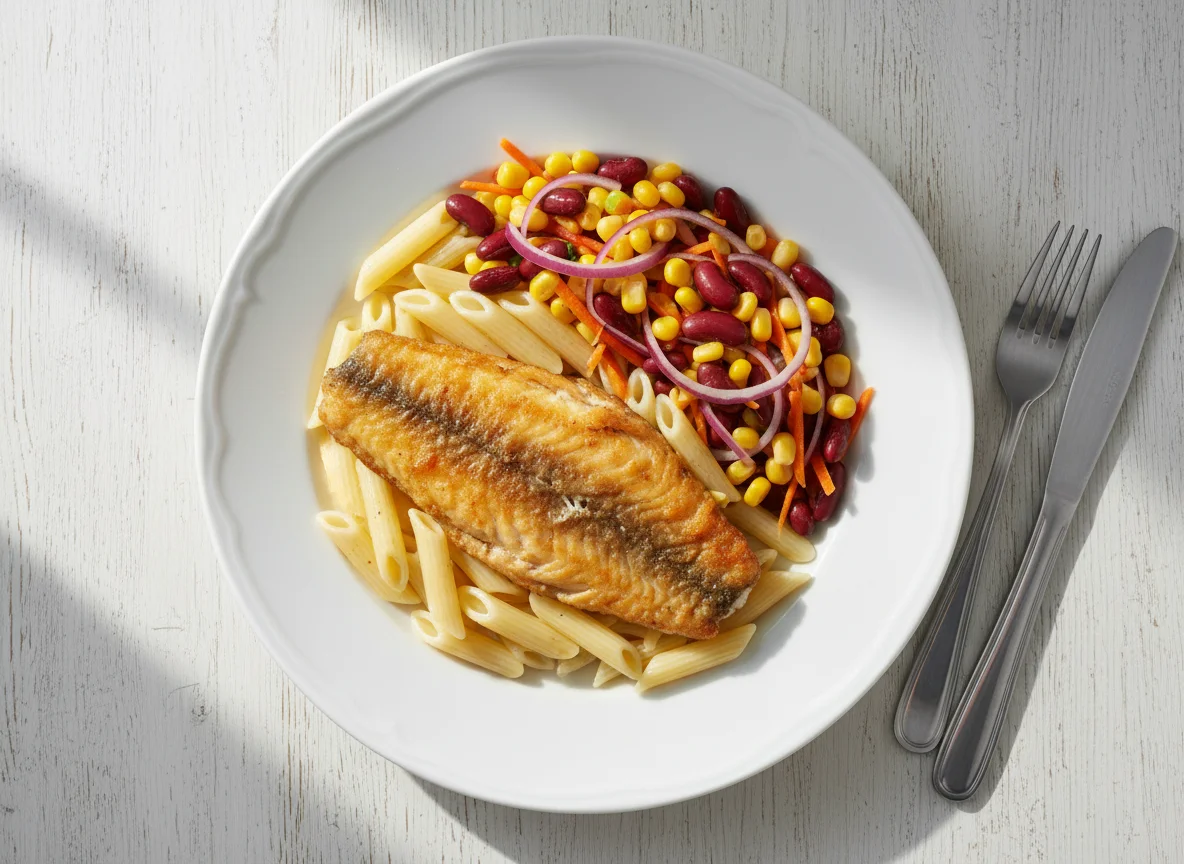 Жареная рыба с пастой и салатом photo