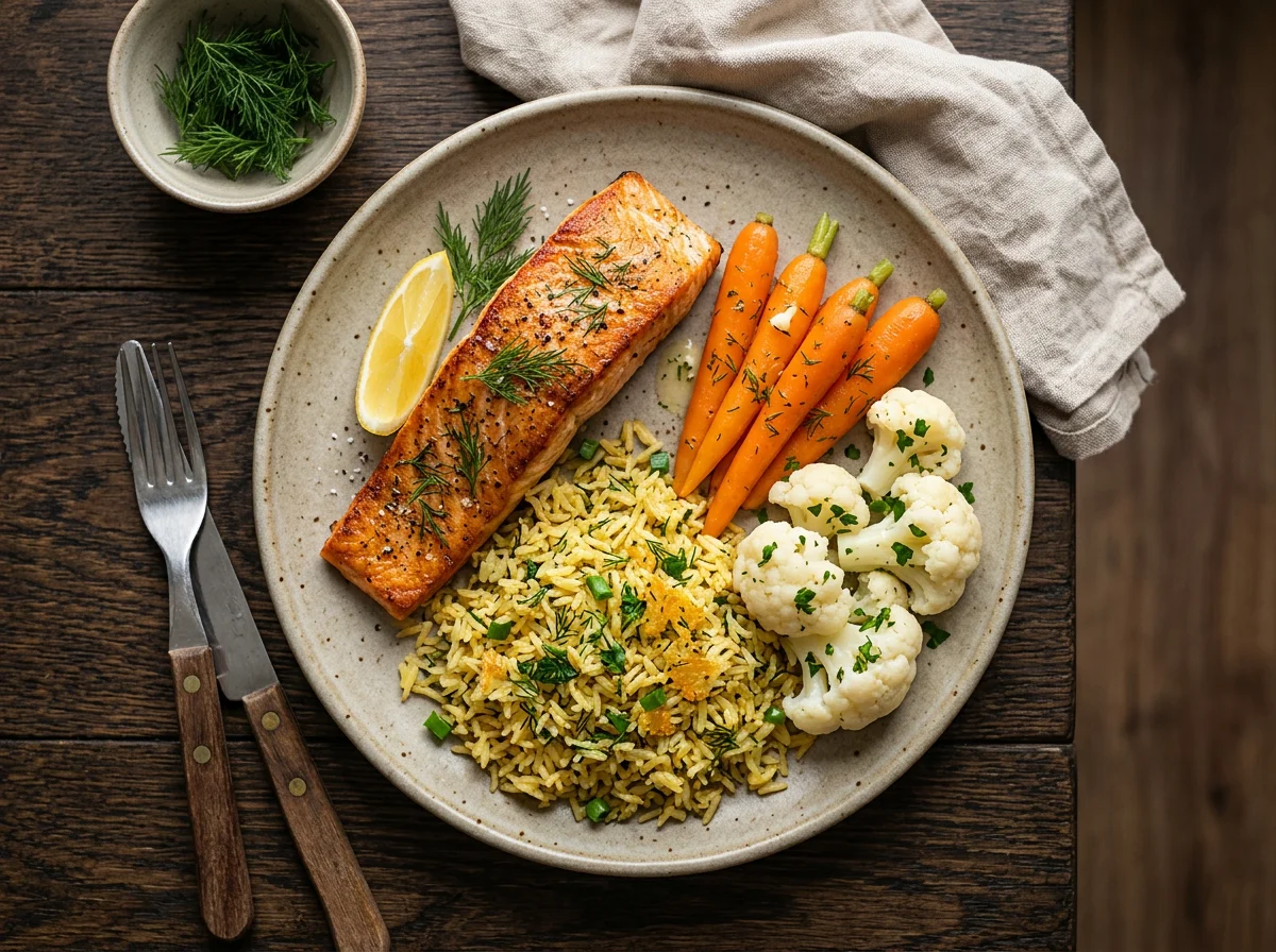 Жареная рыба с рисом и овощами photo