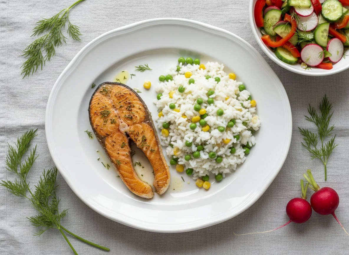 Жареная рыба с рисом и овощным салатом photo