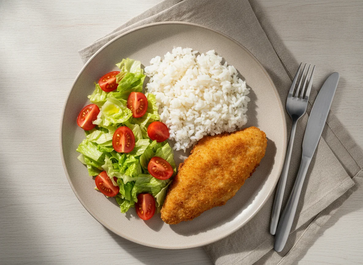 Жареная рыба с рисом и салатом photo