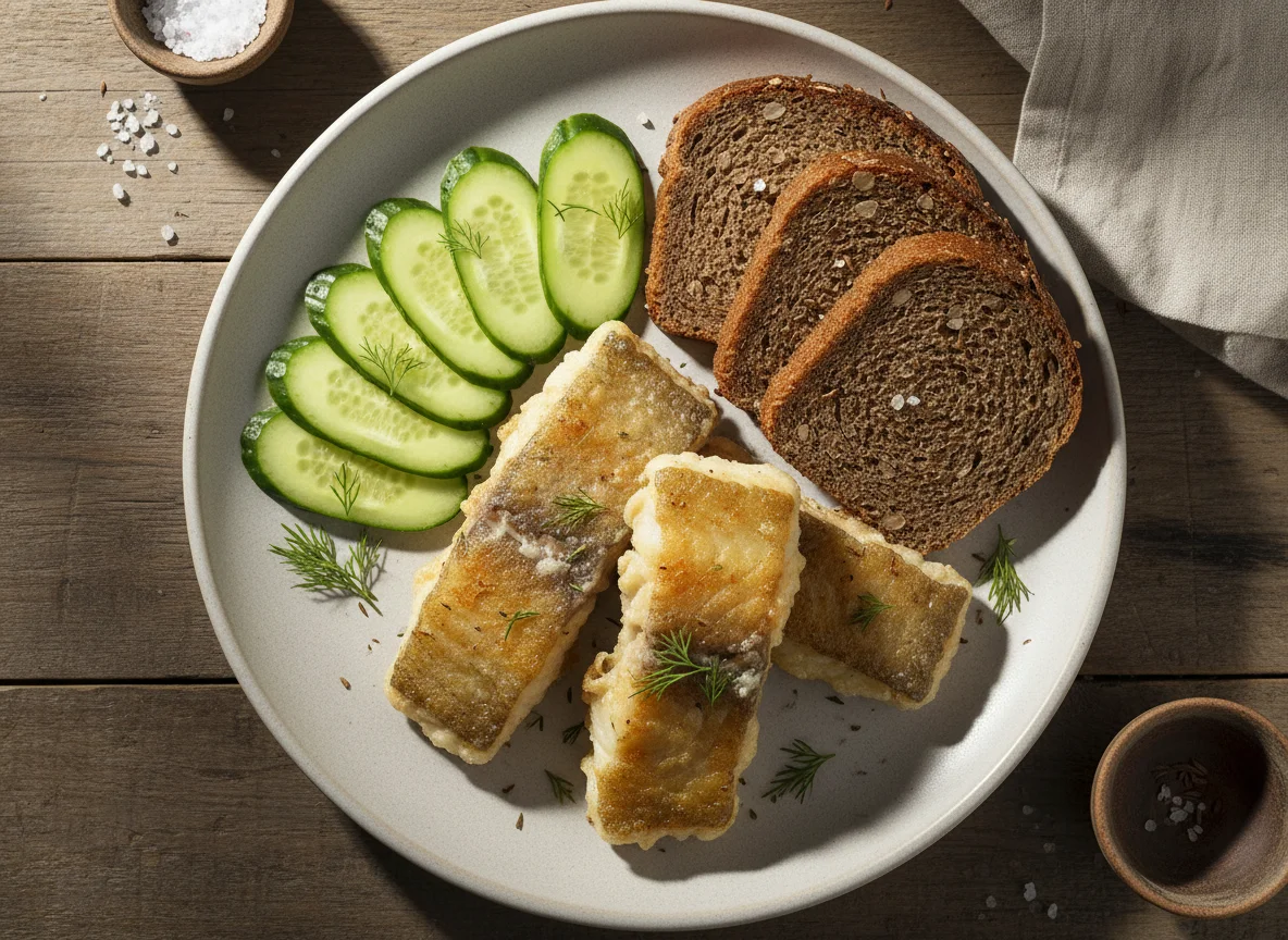 Жареная рыба с ржаным хлебом и огурцами photo