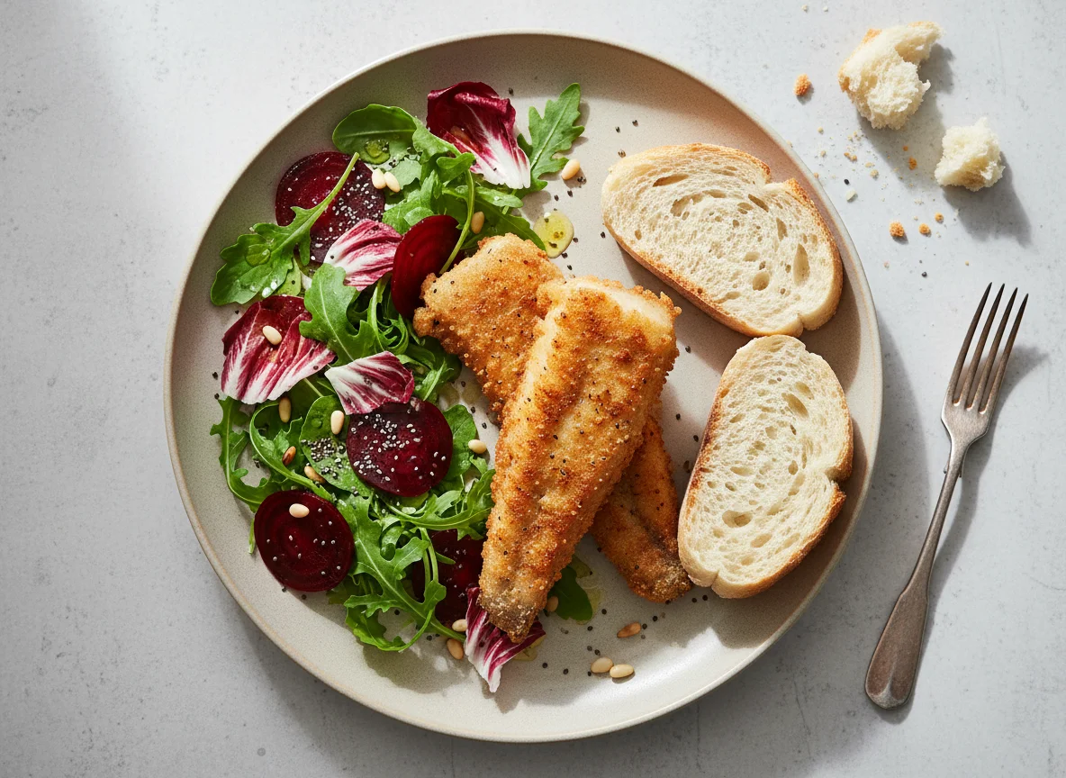 Жареная рыба с салатом из свеклы и рукколы и хлебом photo