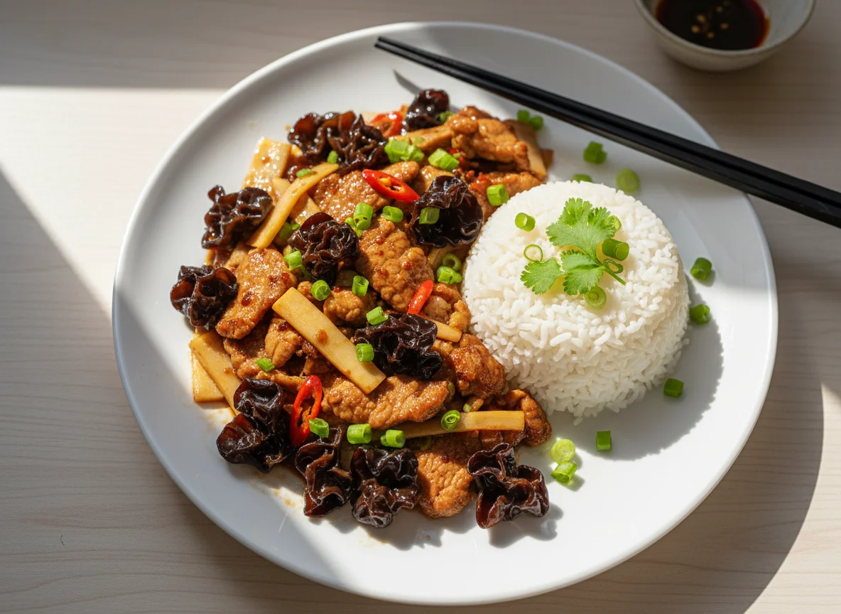 Жареная свинина с древесными грибами и рисом photo