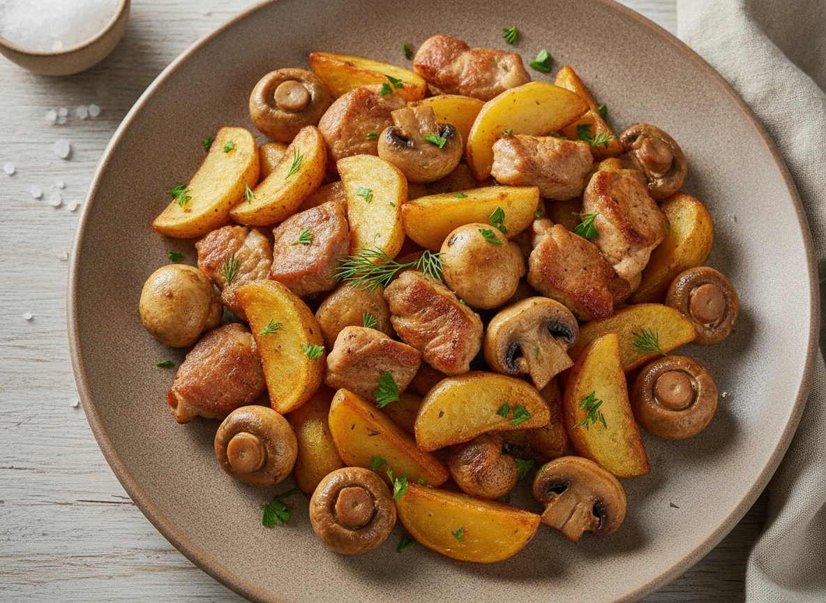 Жареная свинина с картофелем и грибами photo