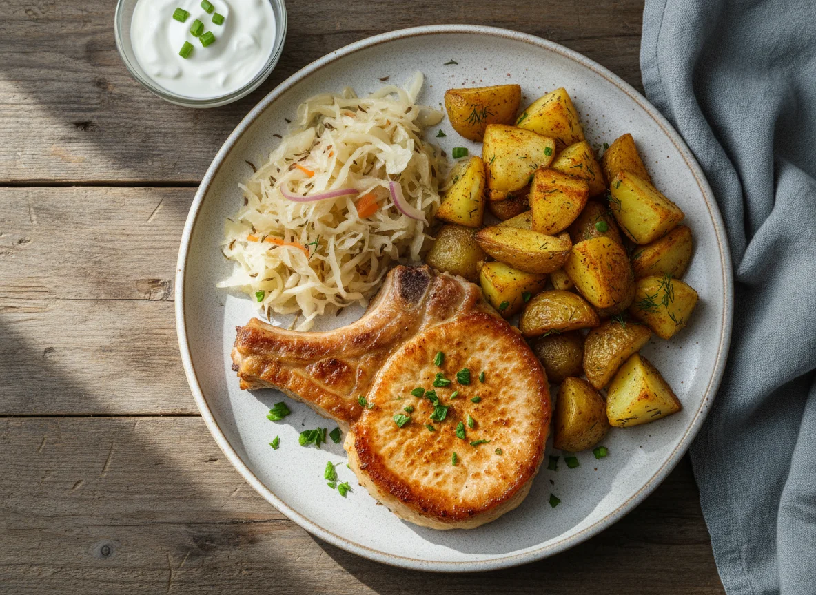 Жареная свинина с картофелем и квашеной капустой photo