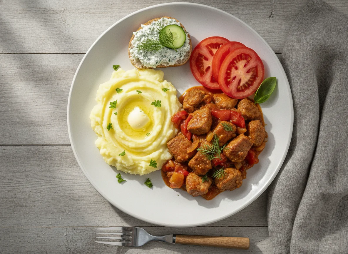 Жареная свинина с картофельным пюре и помидорами photo