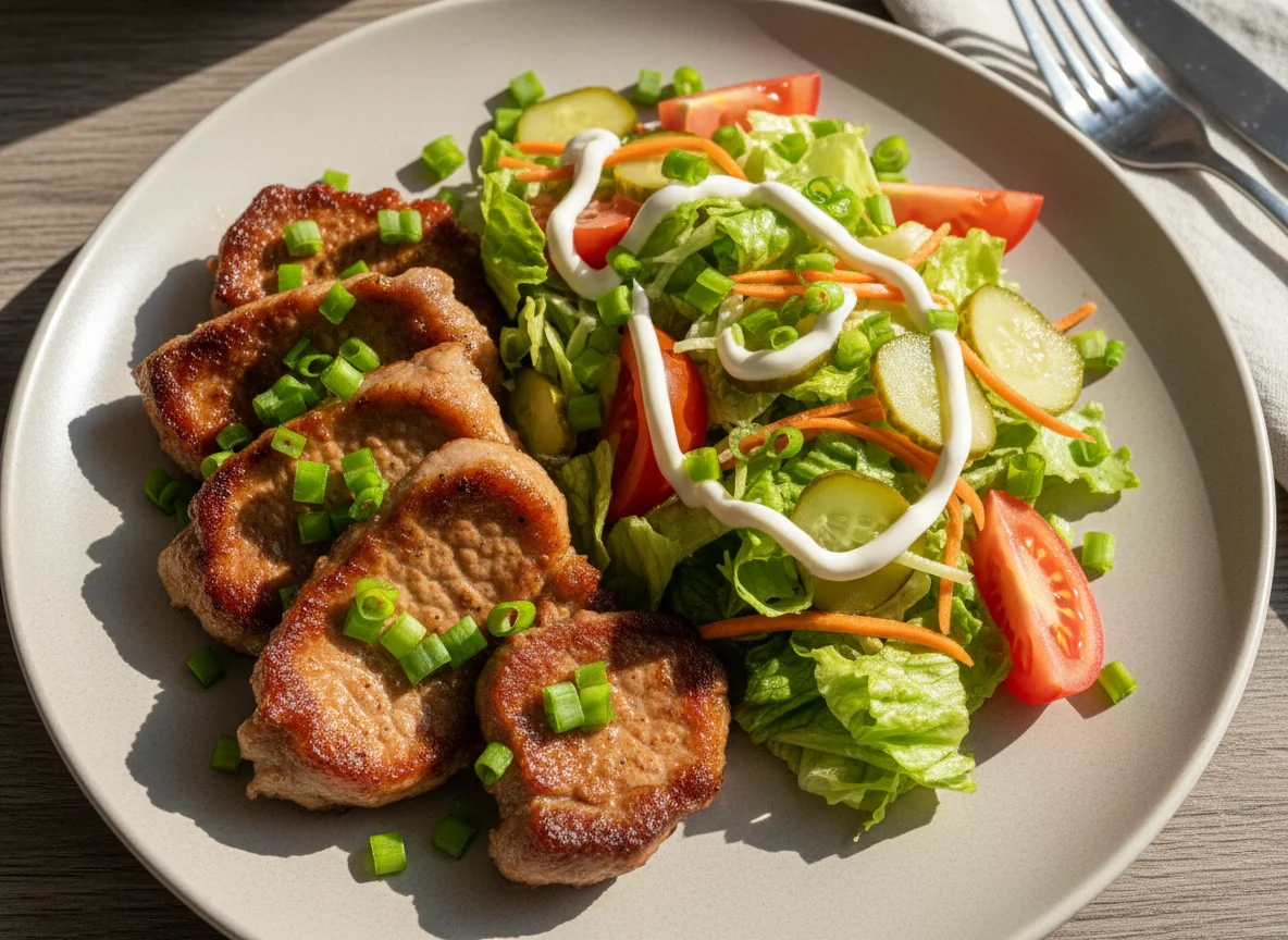 Жареная свинина с овощным салатом photo