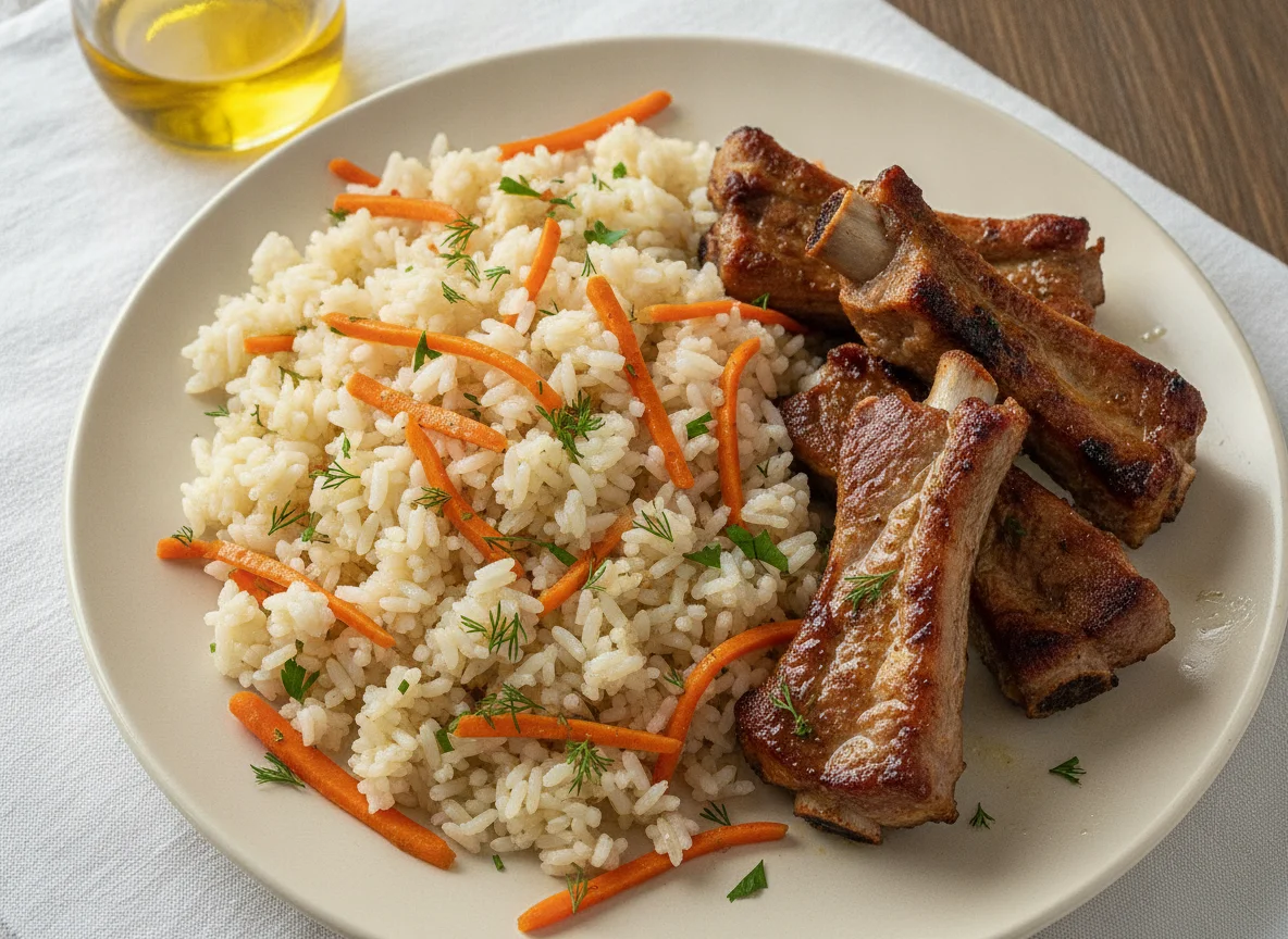 Жареная свинина с рисом и овощами photo