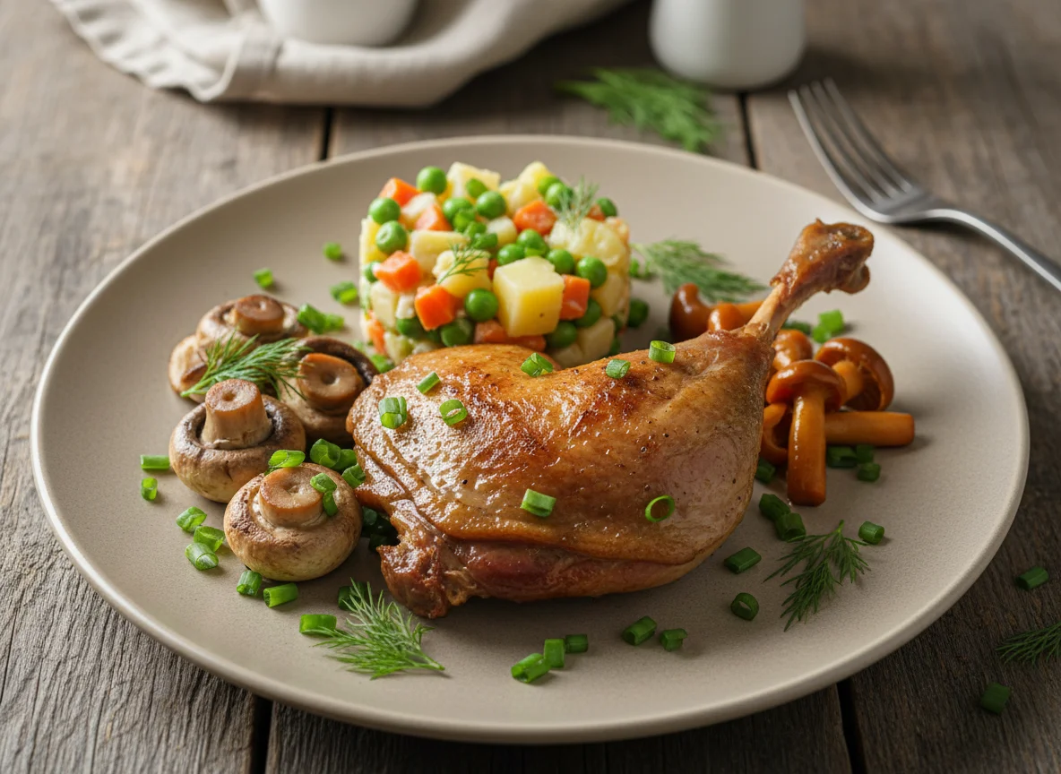 Жареная утка с грибами и овощным салатом photo