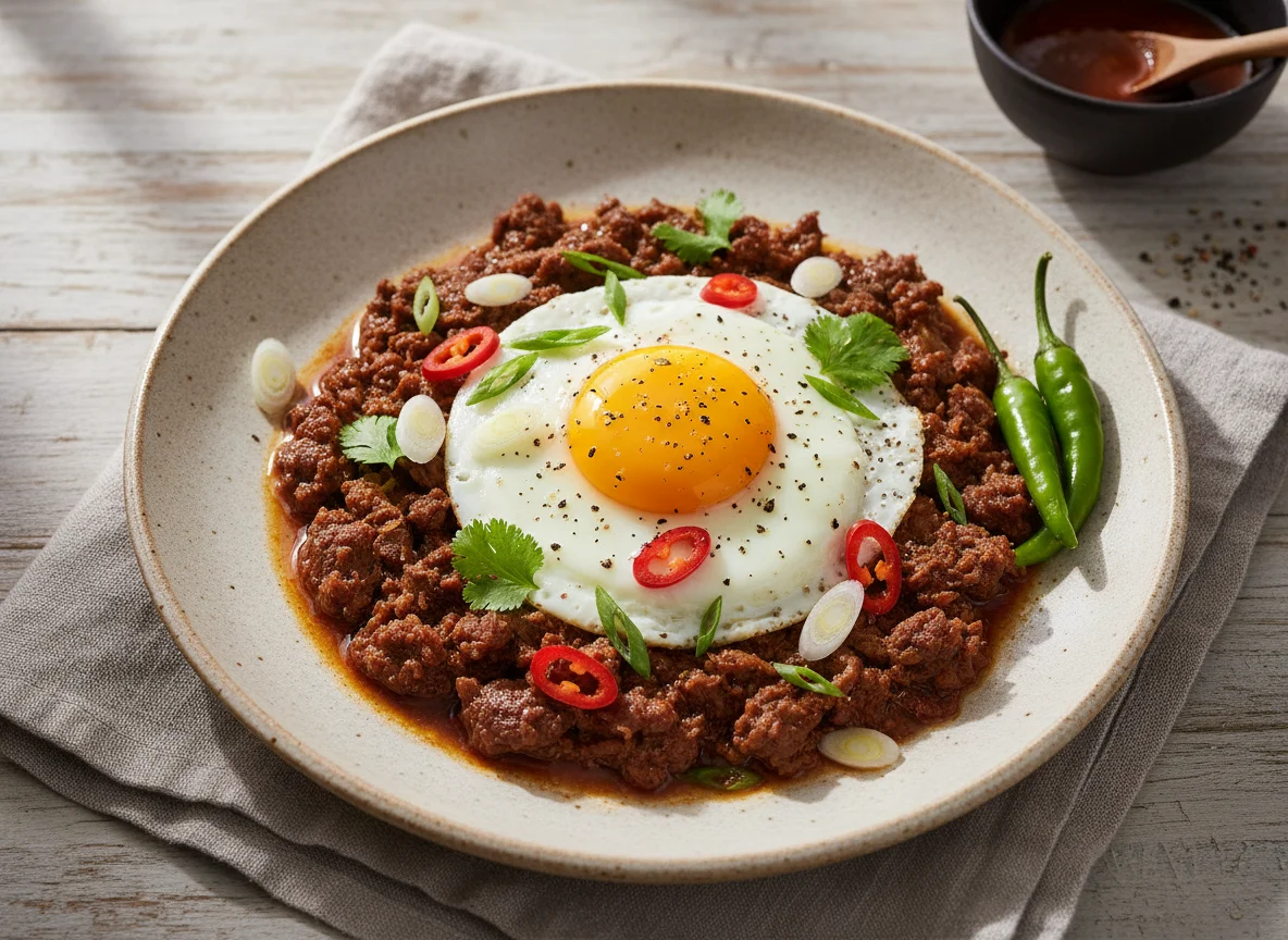 Жареное яйцо с мясом и соусом photo