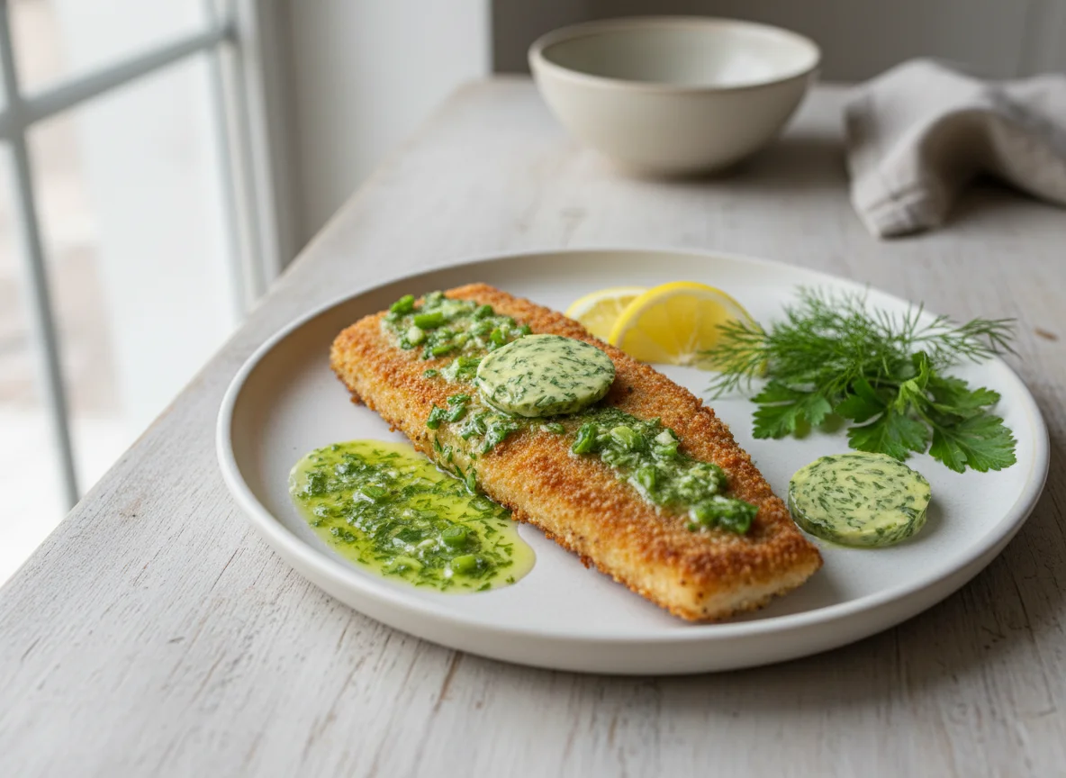 Жареное филе сайды с зеленым маслом photo