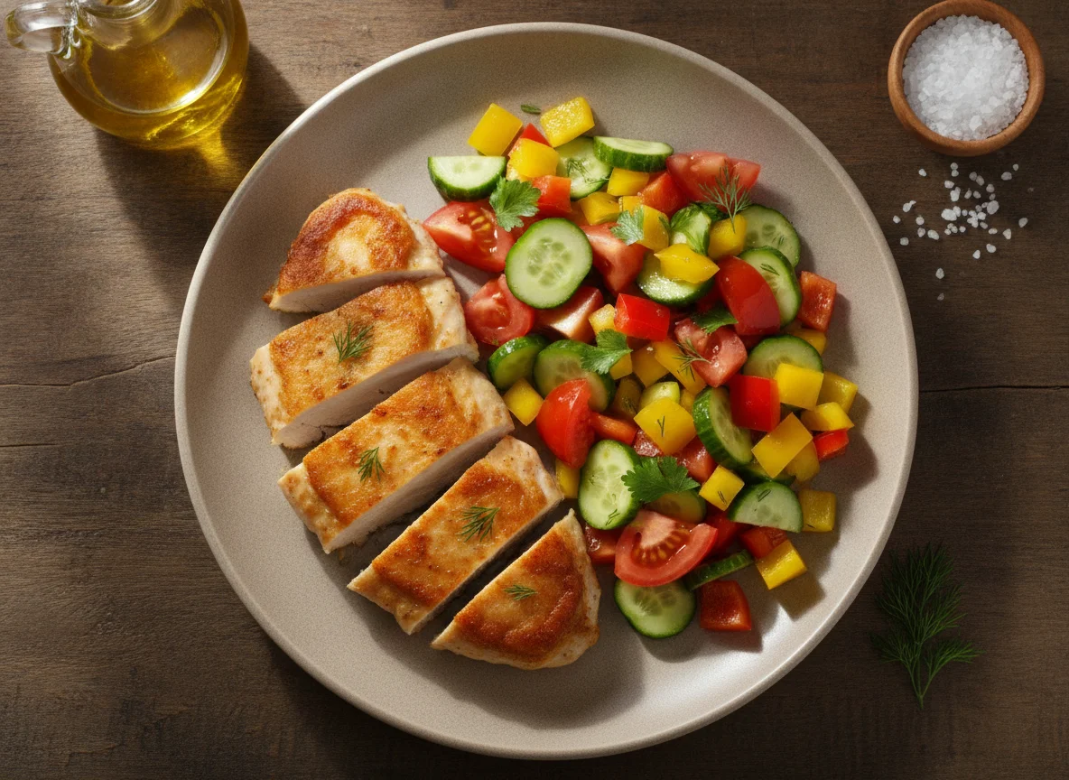 Жареное куриное филе с овощным салатом photo