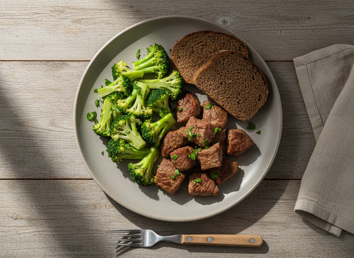 Жареное мясо с брокколи и хлебом photo