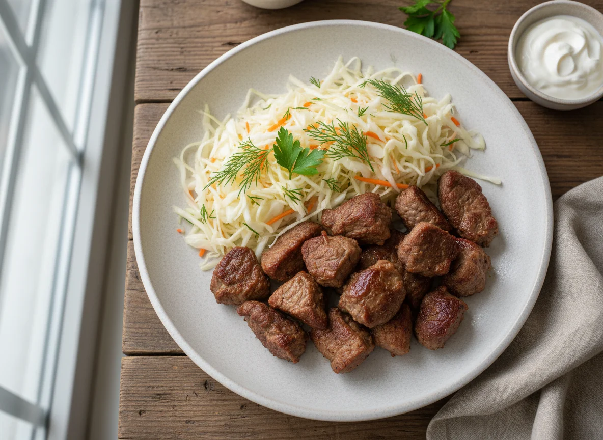 Жареное мясо с капустным салатом photo