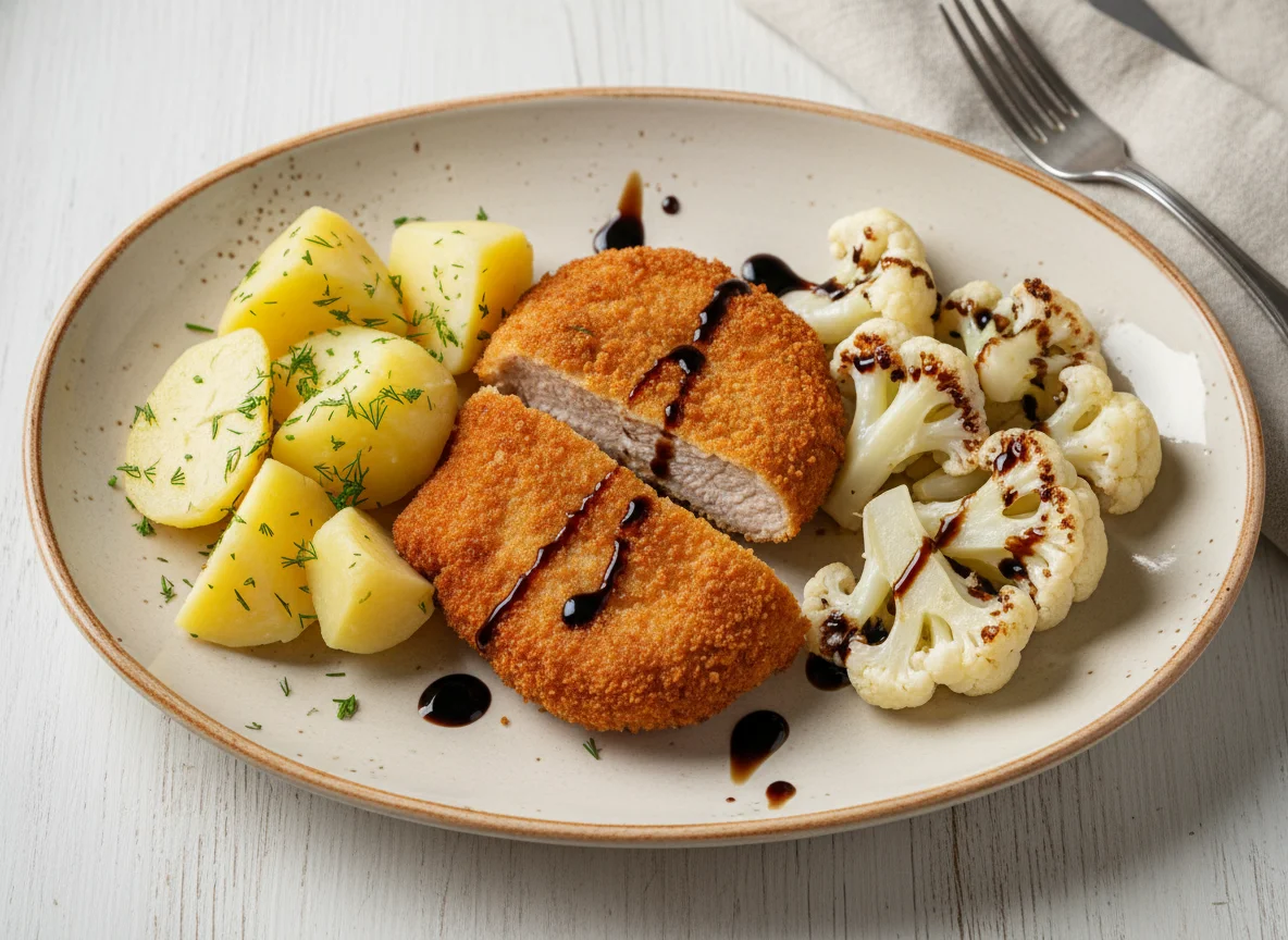 Жареное мясо с картофелем и цветной капустой photo