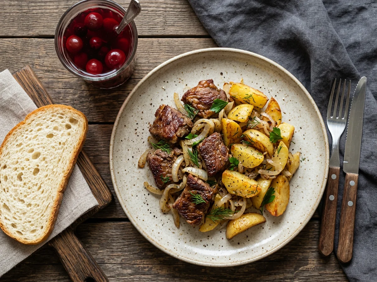 Жареное мясо с картофелем и хлебом photo