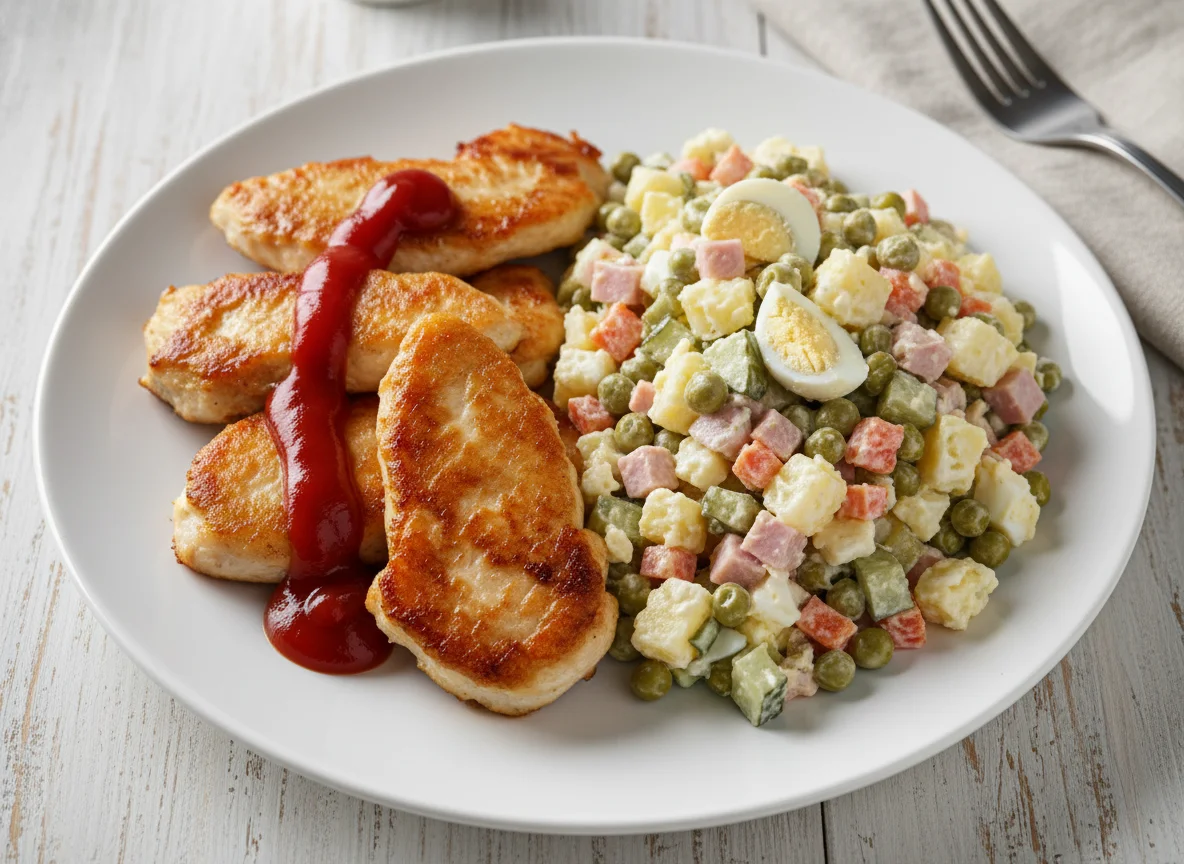 Жареное мясо с соусом и салат Оливье photo