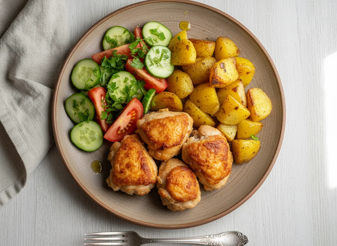 Жареное мясо с запеченным картофелем и овощным салатом photo