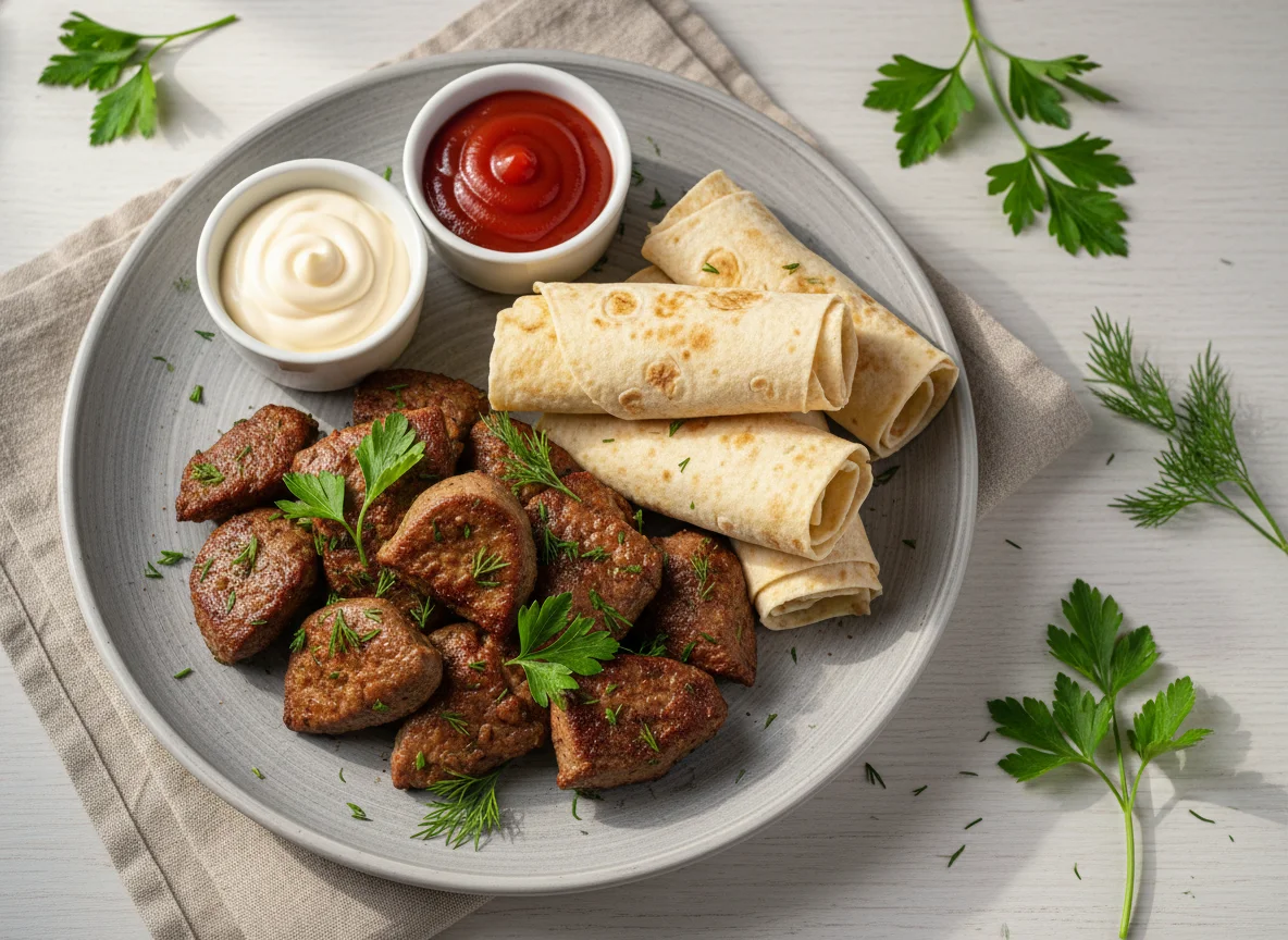 Жареное мясо с зеленью и соусами photo