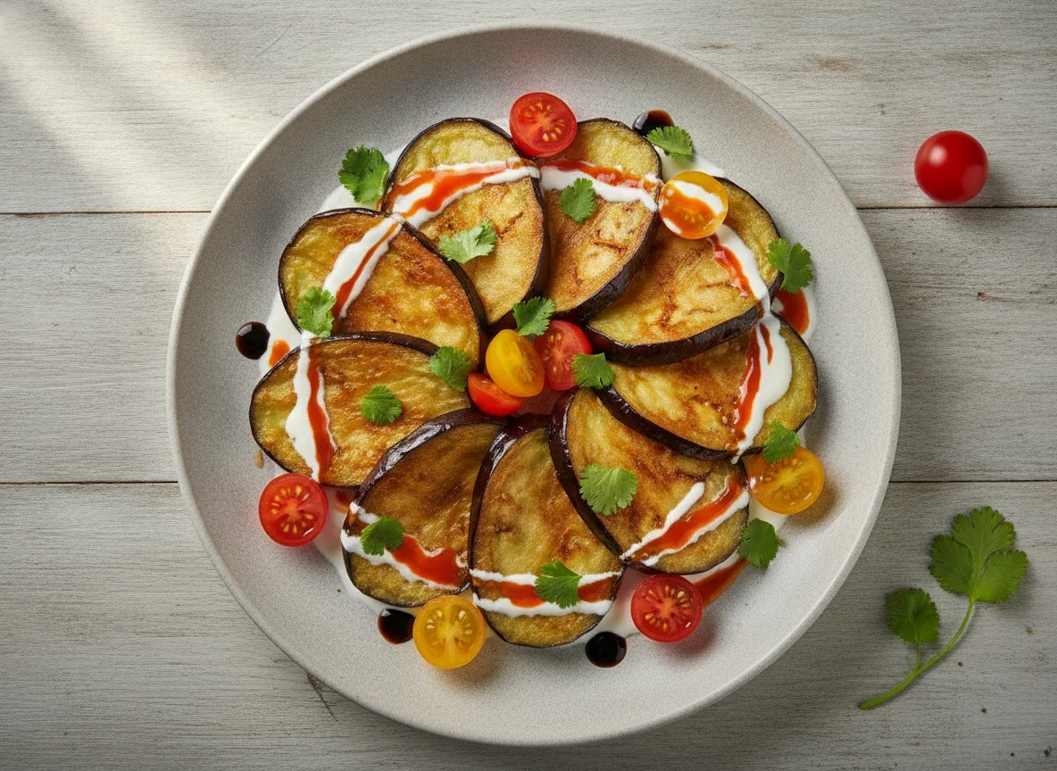 Жареные баклажаны с соусом и помидорами photo