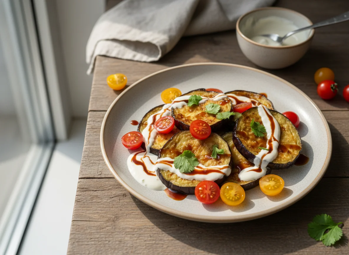 Жареные баклажаны с соусом и томатами photo