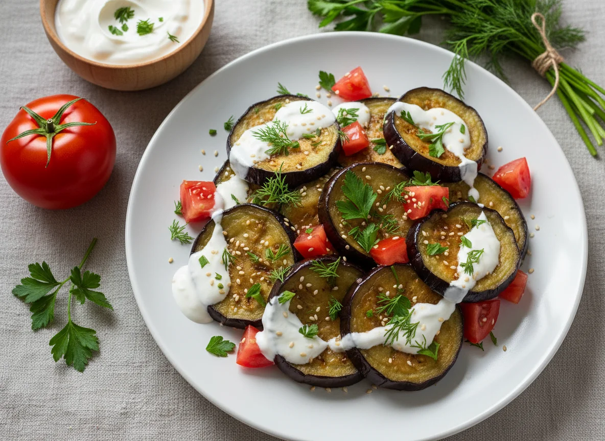 Жареные баклажаны с соусом и зеленью photo