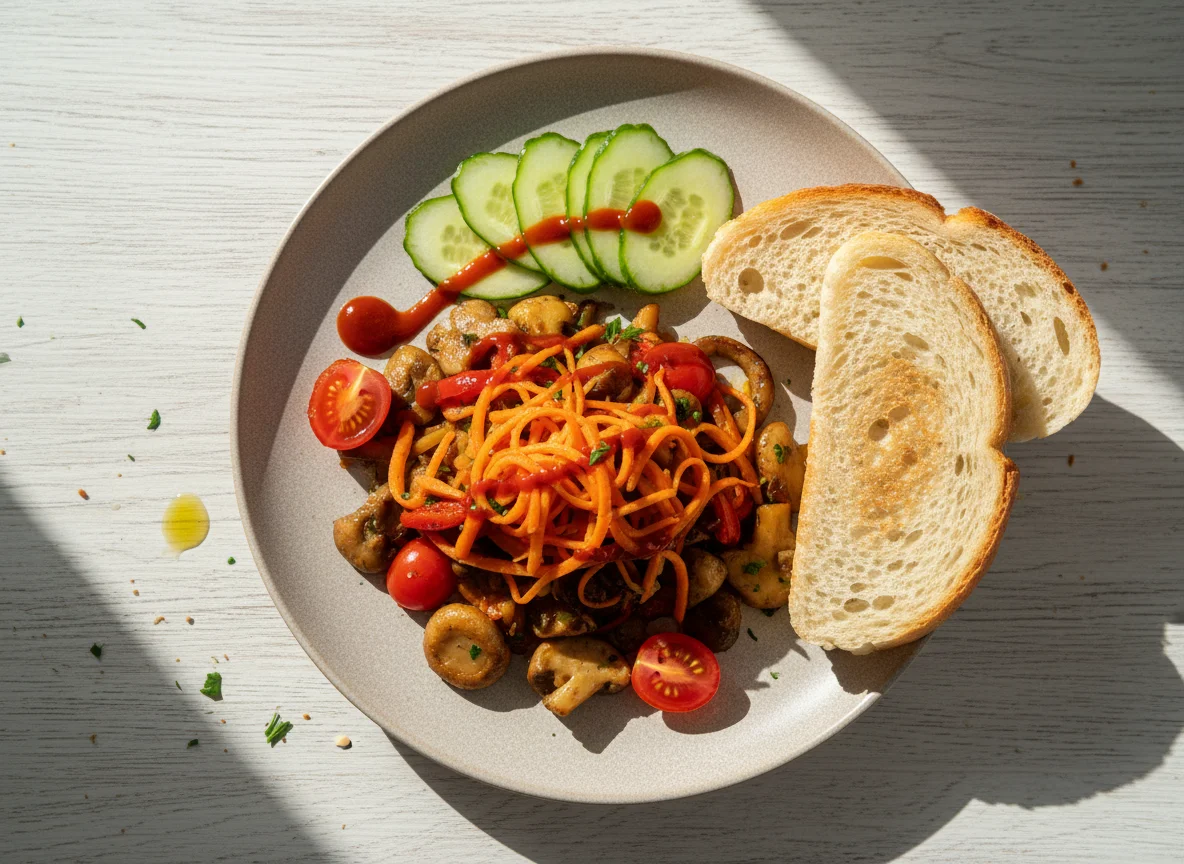 Жареные грибы с овощами, огурцами и хлебом photo