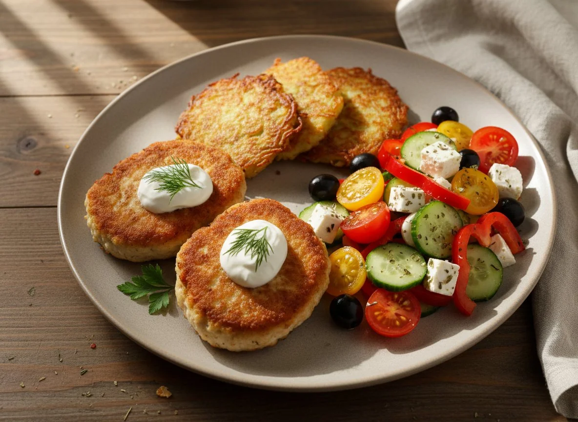 Жареные котлеты с драниками и греческим салатом photo