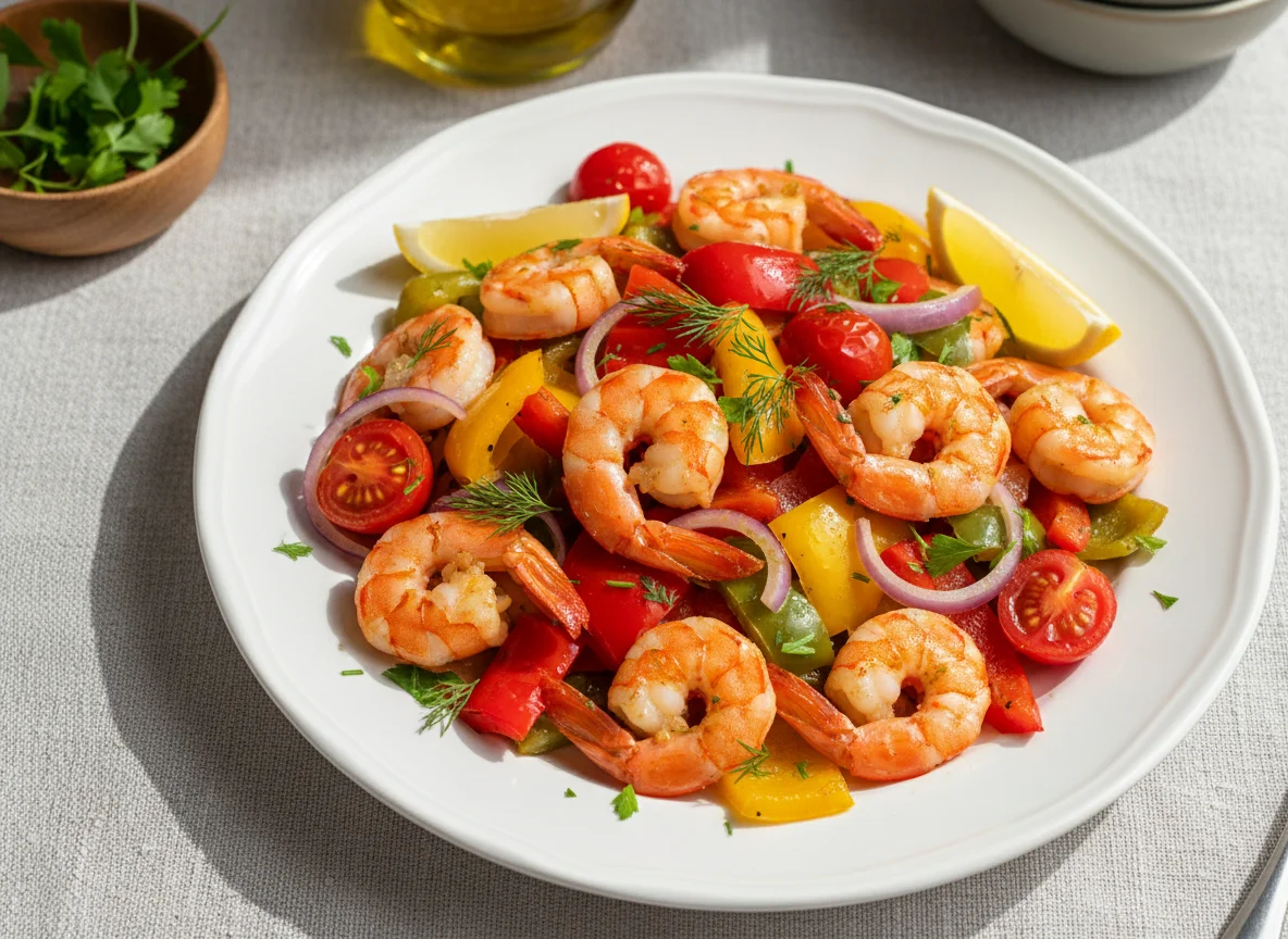 Жареные креветки с овощами photo