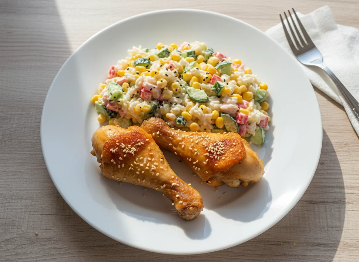 Жареные куриные голени с крабовым салатом photo