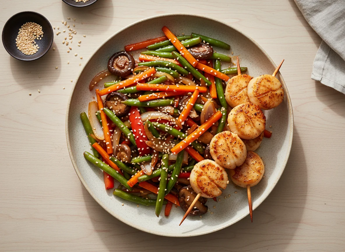 Жареные овощи с кунжутом и шашлык из гребешков photo