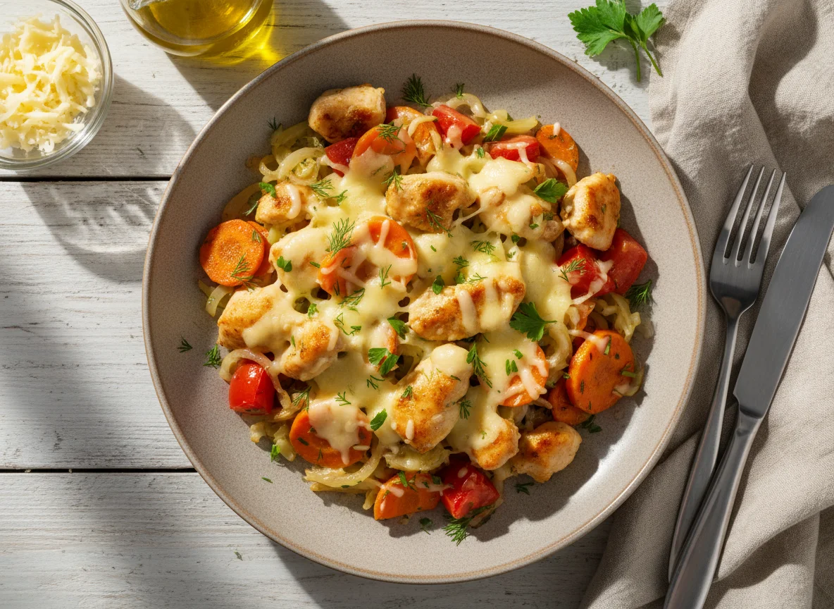 Жареные овощи с курицей и сыром photo