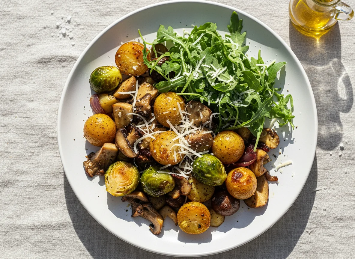 Жареные овощи с рукколой и сыром photo