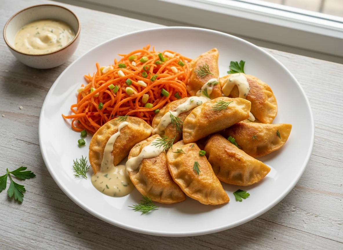 Жареные пельмени с морковью по-корейски и соусом photo