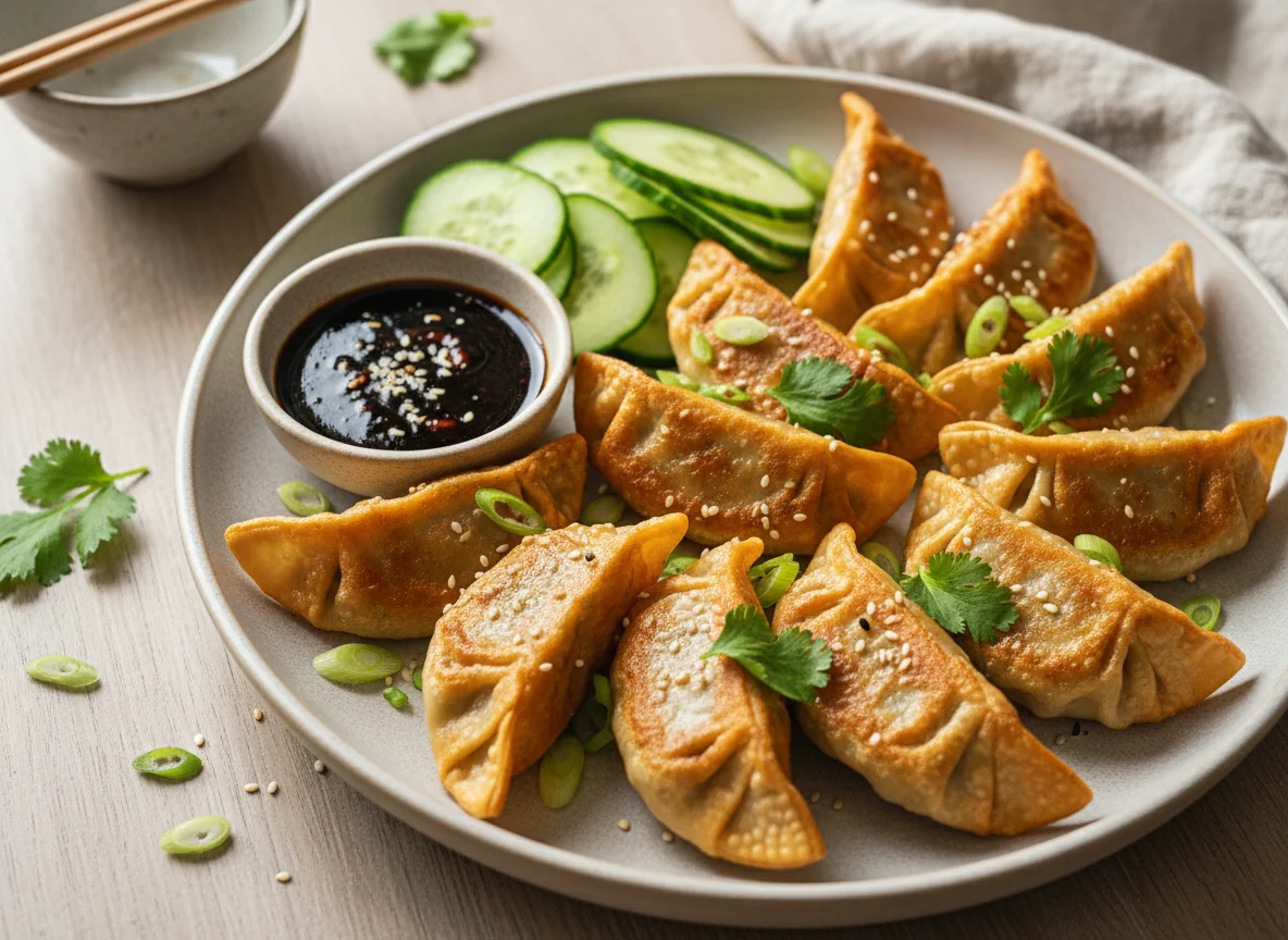 Жареные пельмени с огурцами и соусом photo