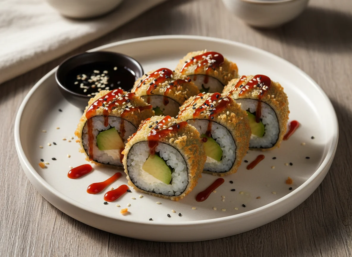 Жареные роллы с авокадо и соусом photo