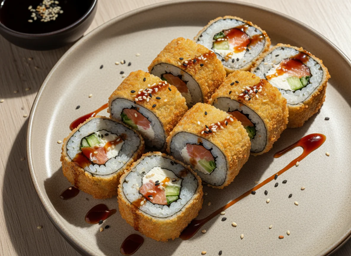 Жареные роллы с лососем и огурцом photo