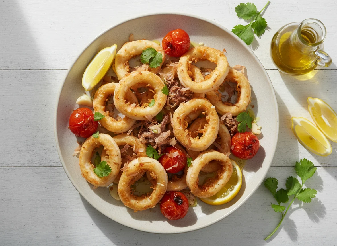 Жареный кальмар с помидором и лимоном photo