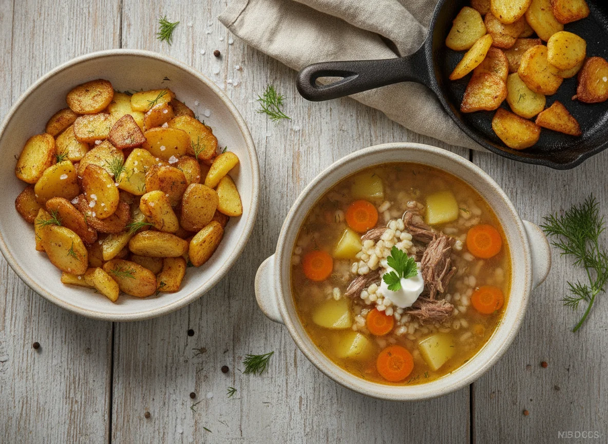 Жареный картофель и суп с перловкой photo