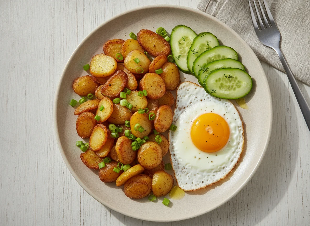 Жареный картофель с яичницей и огурцом photo