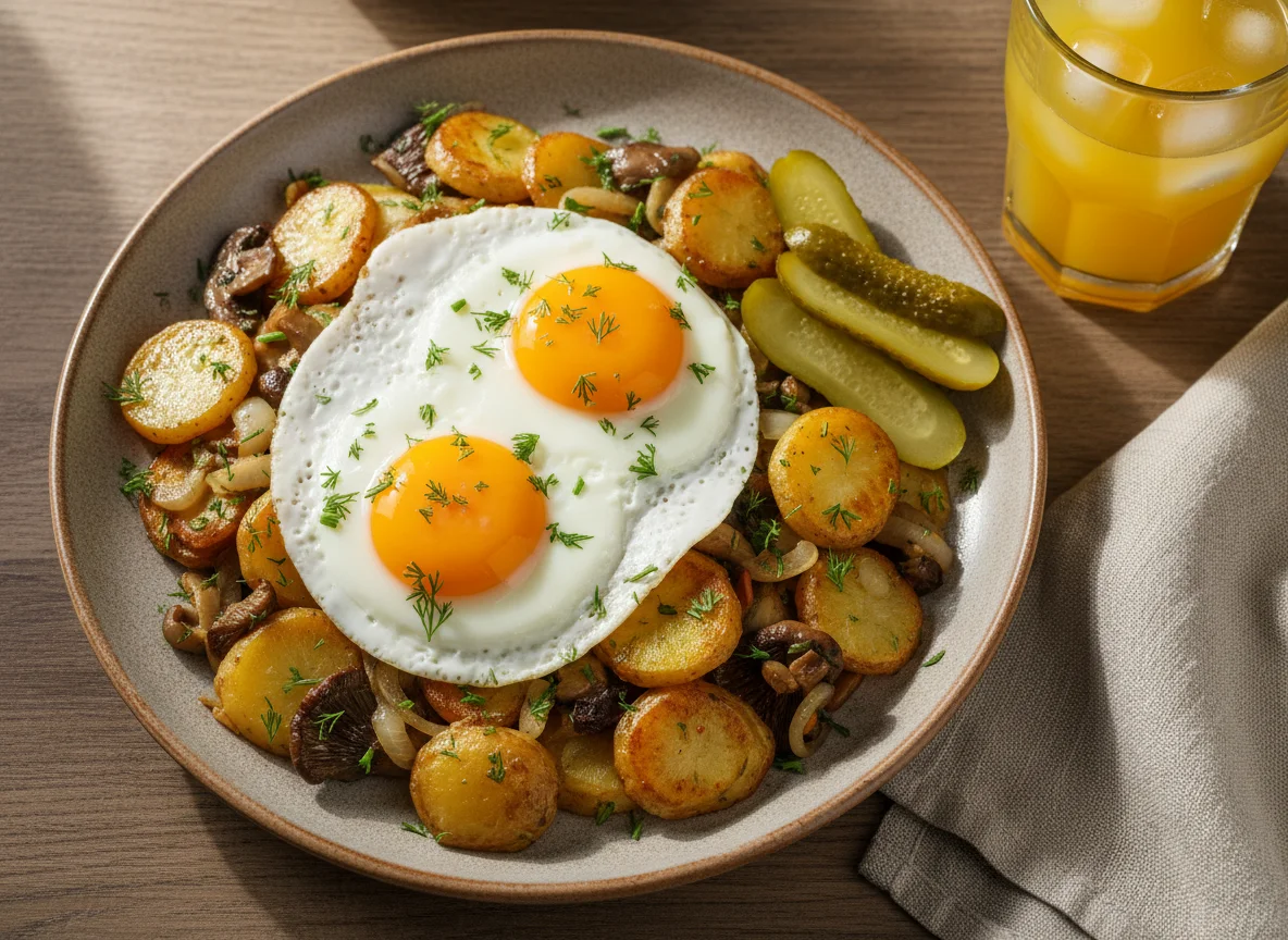 Жареный картофель с яйцом и грибами photo