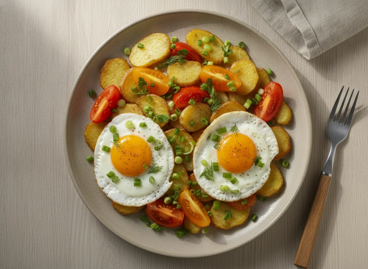 Жареный картофель с яйцом и помидорами photo