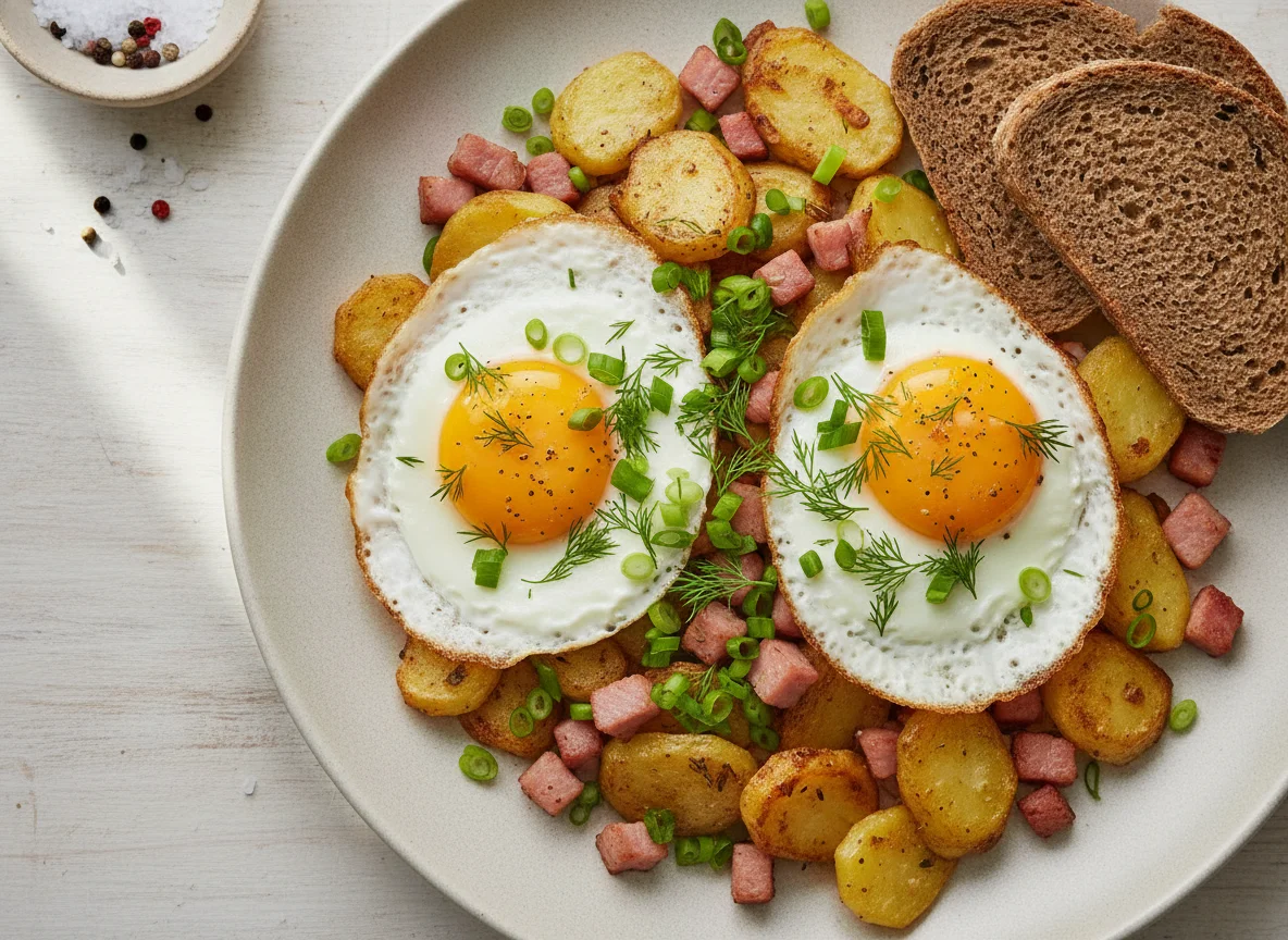 Жареный картофель с яйцом, ветчиной и зеленью photo